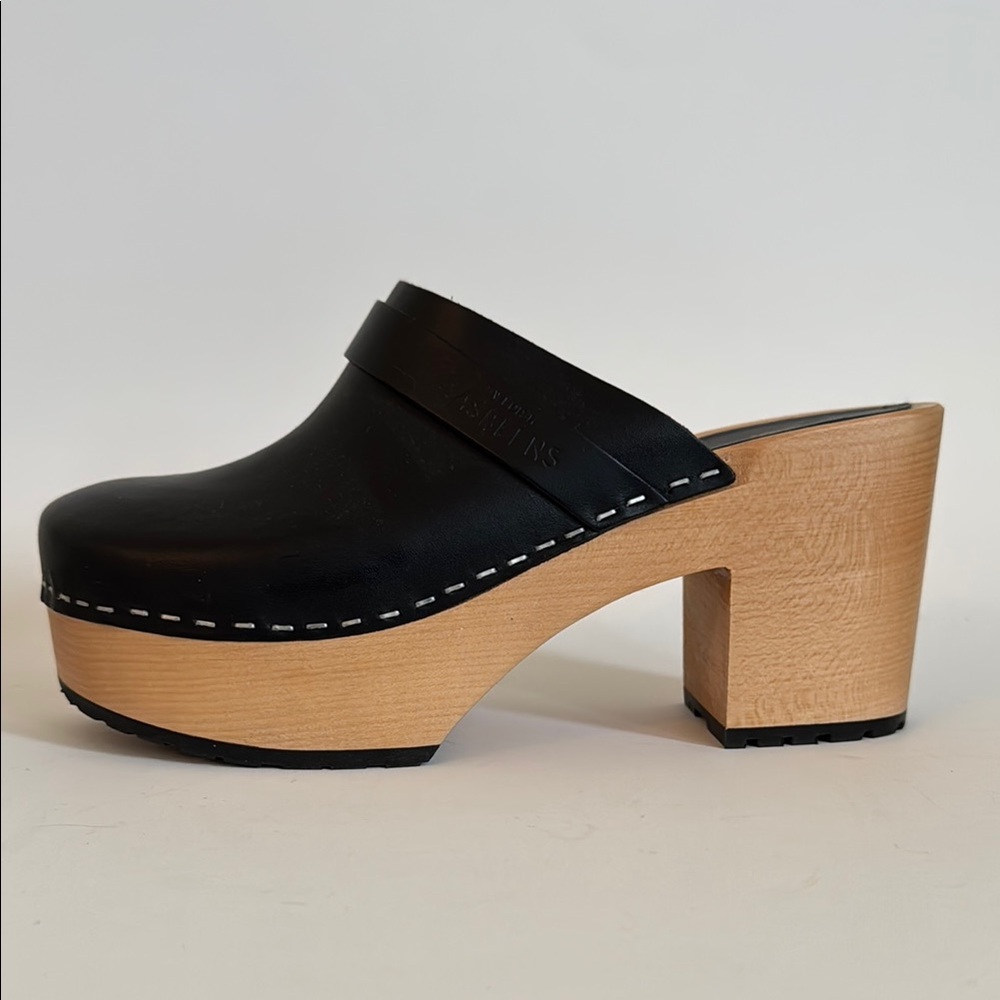 Swedish Hasbeens LOUISE Black Leather Platform Clogs Heels 38 - Picture 5 of 10
